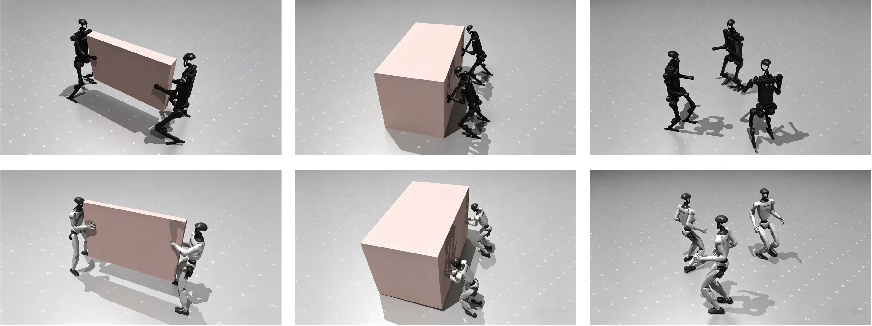 Overview of versatile coordinated multi-humanoid loco-manipulation tasks across Unitree H1 and G1 embodiments.